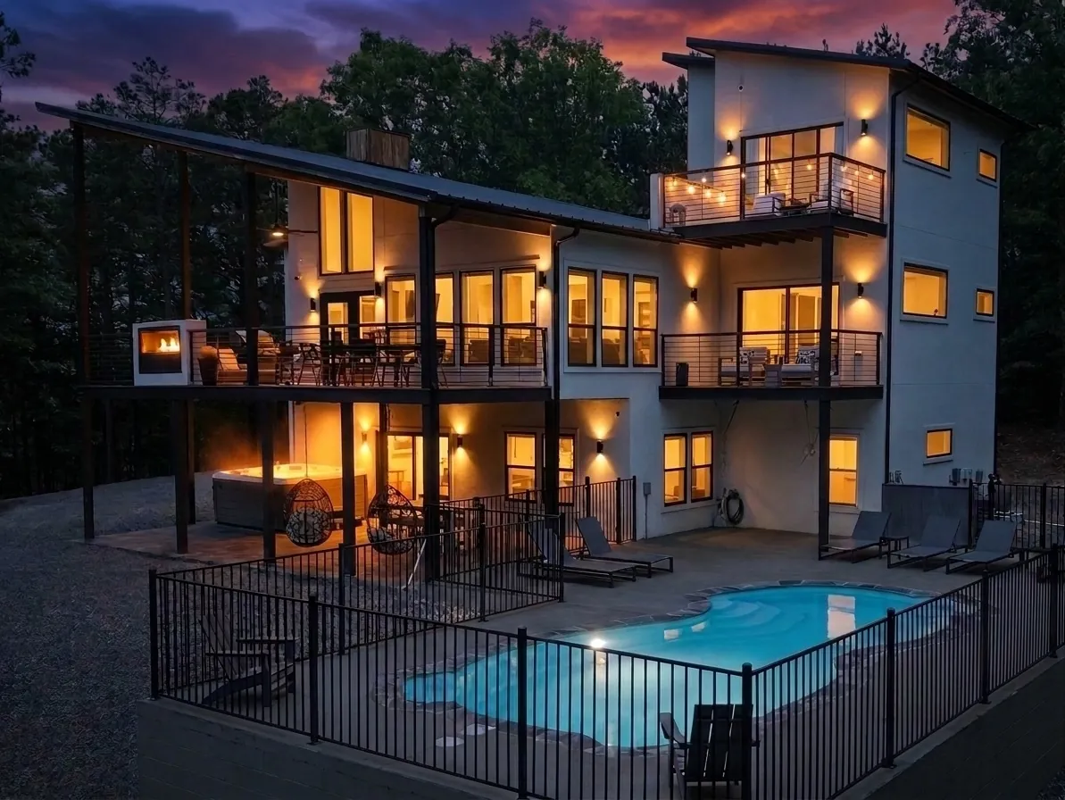 Aroha cabin bedroom suite in Broken Bow with wood ceiling, king bed, and sunset balcony view
