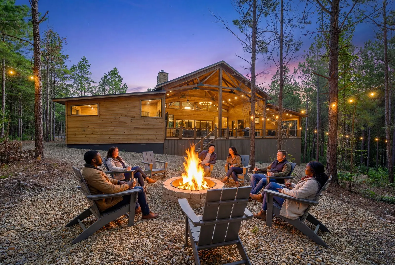 Outdoor deck of Avalon cabin in Broken Bow with two hot tubs, lounge chairs, and pine tree backdrop