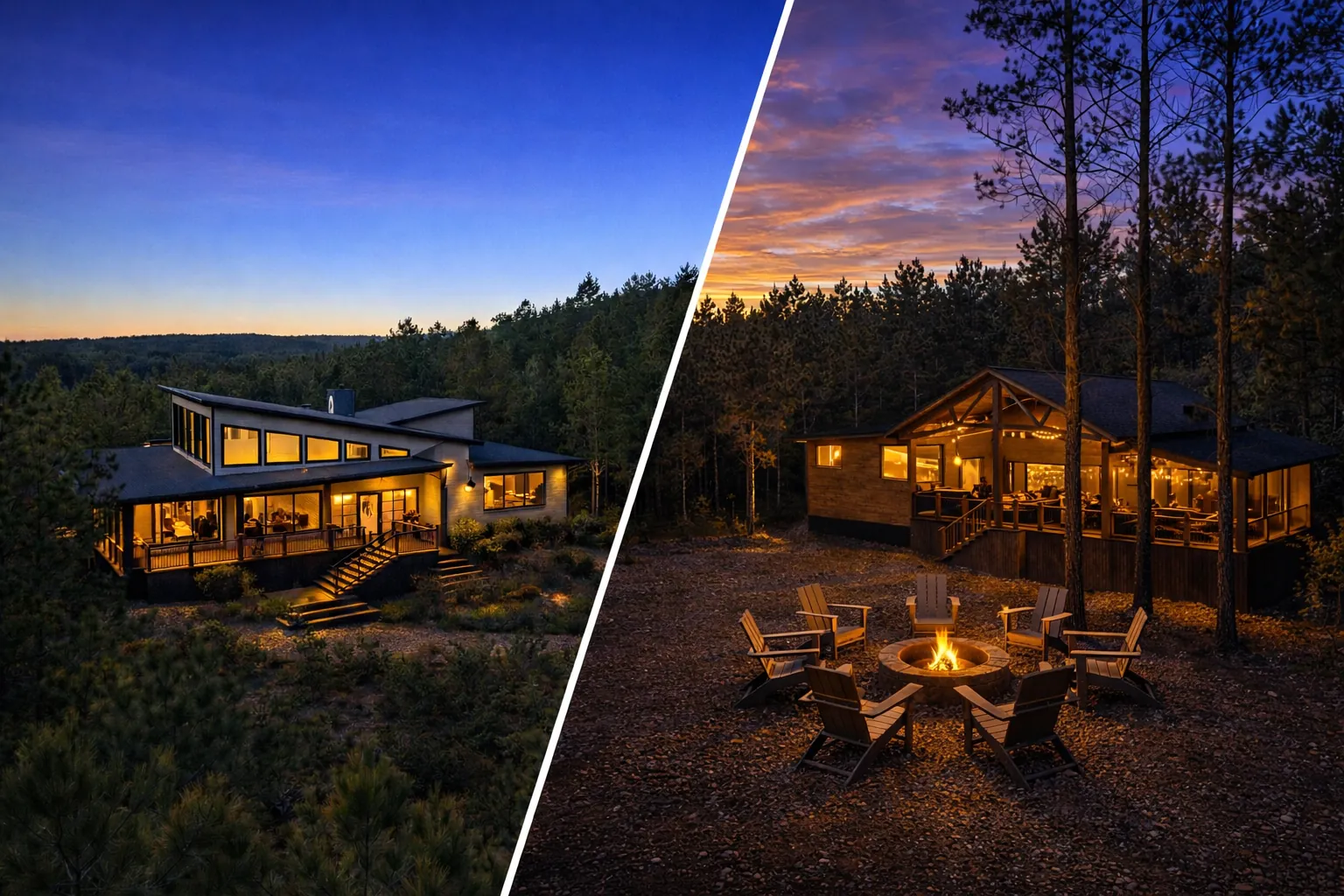 The Compound — Arcadia and Avalon luxury cabins side by side in Broken Bow sleeping 34 guests combined with two hot tubs and three game rooms