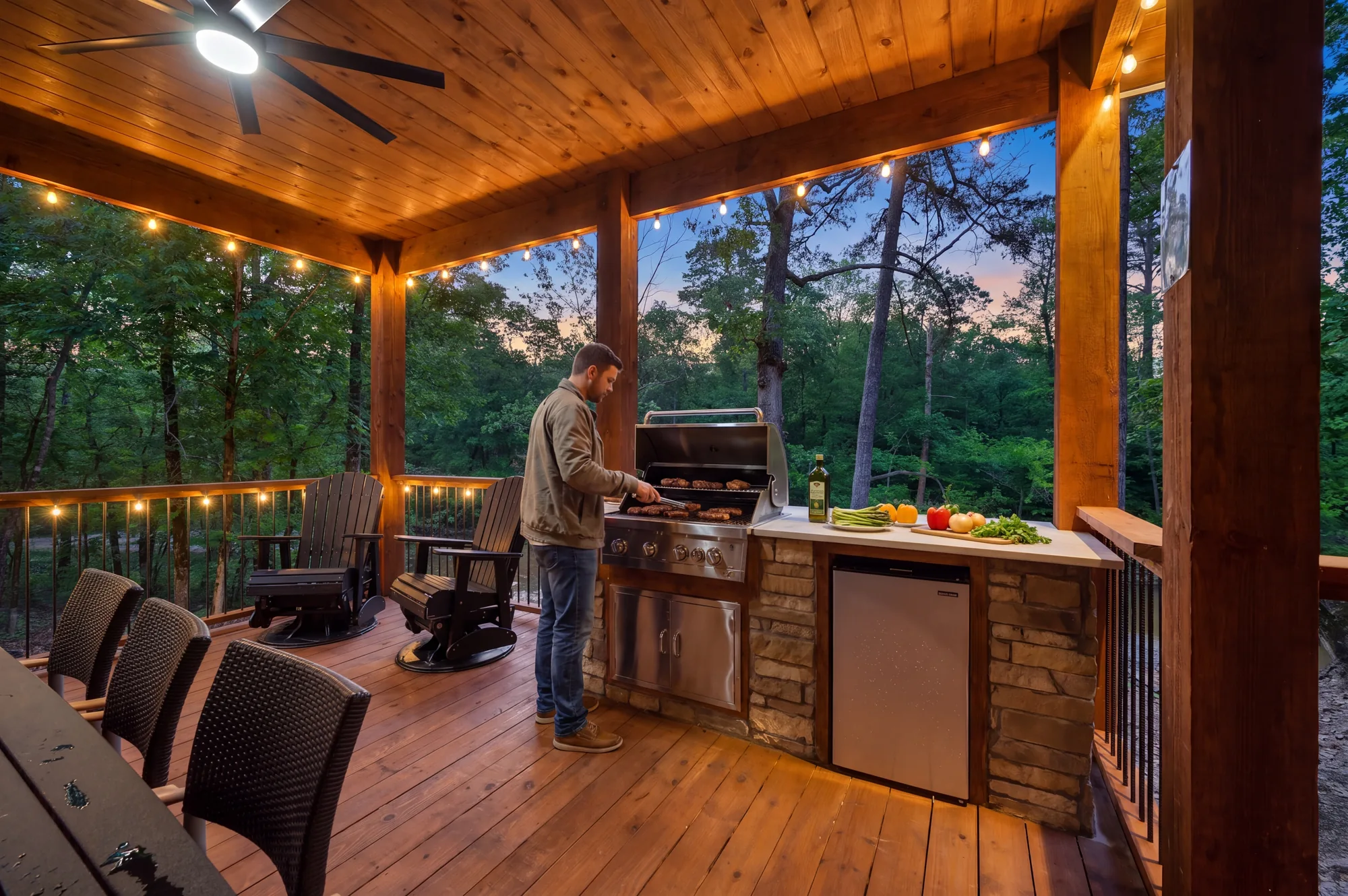 Guest grilling at the covered outdoor kitchen at Dreams and Streams at dusk with string lights