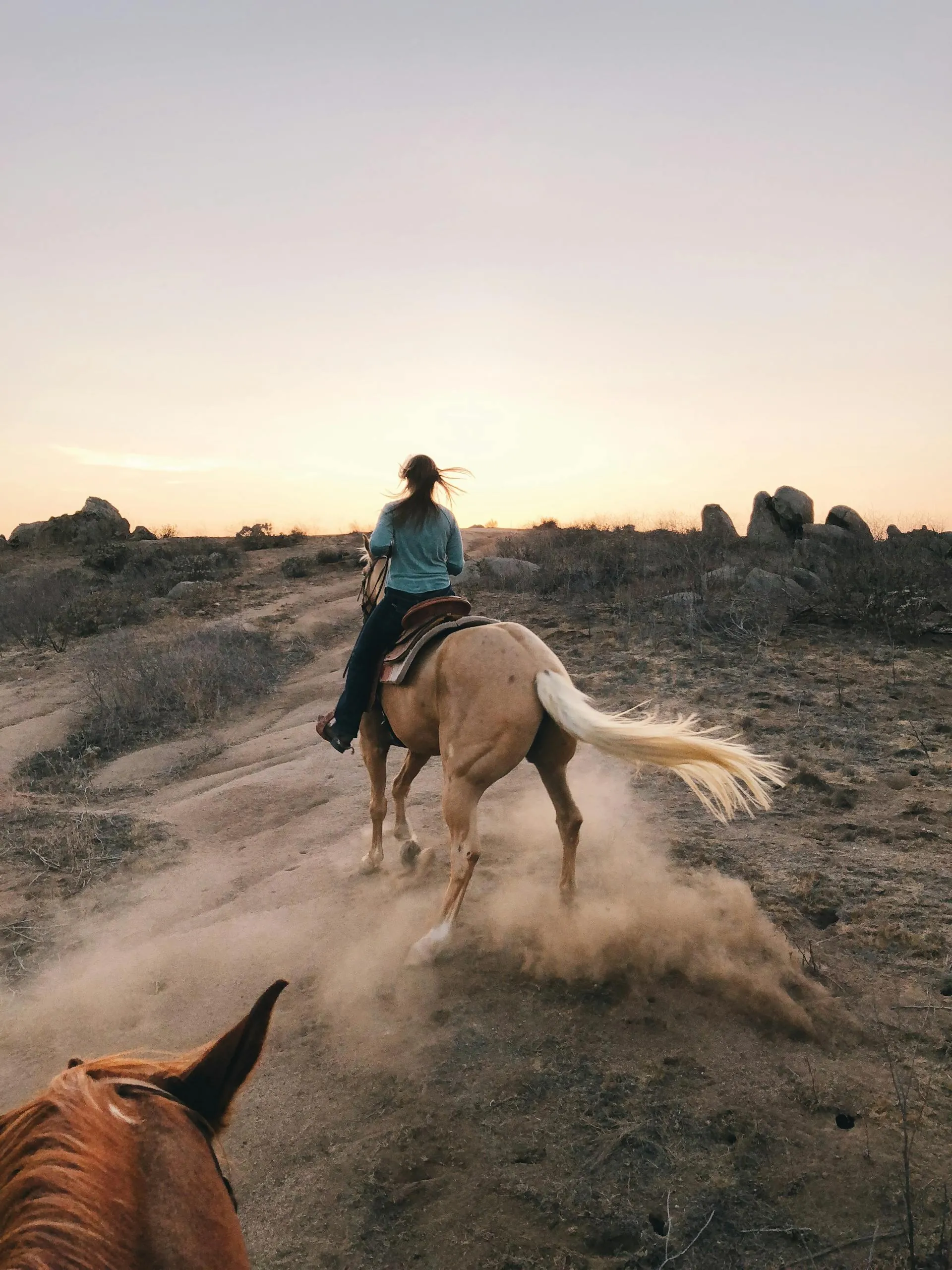 Woman horseback riding on a scenic trail at sunset